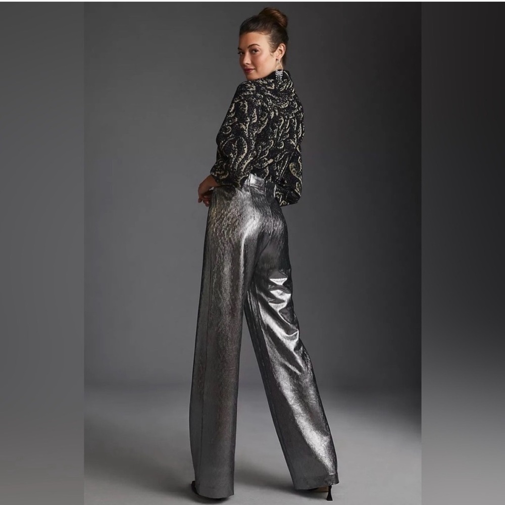 Anthropologie Metallic Silver Wide-Leg Women's Pants - Picture 2 of 7